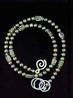 Green freshwater pearl necklace with citrine and smoky quartz beads - $97